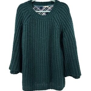 Oddi Women XL Chunky Knit Crochet Sweater Plaid Back Green Cottagecore Boho